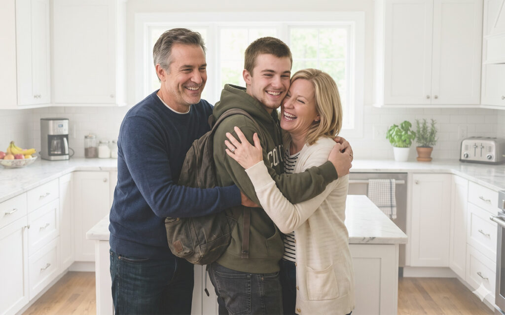family hugging in kitchen 02